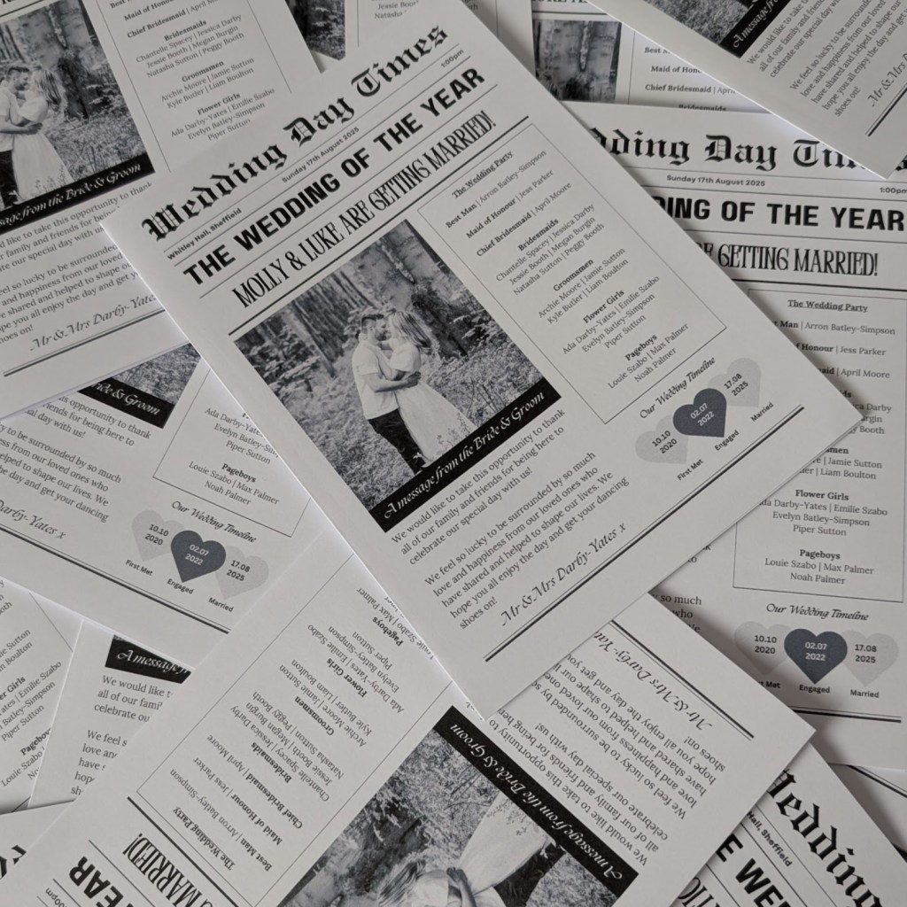 A collection of printed wedding newspaper-style invitations showcasing details about the wedding of Molly and Luke, including a heartfelt message from the bride and groom, along with a wedding timeline.